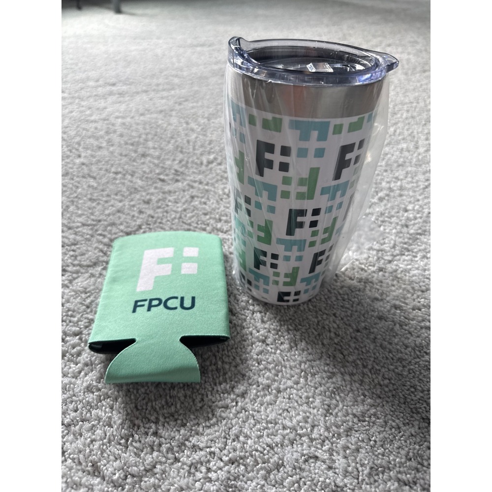 Financial Partners Credit Union FPCU Tumbler and‎ Can Sleeve Set Green White NEW